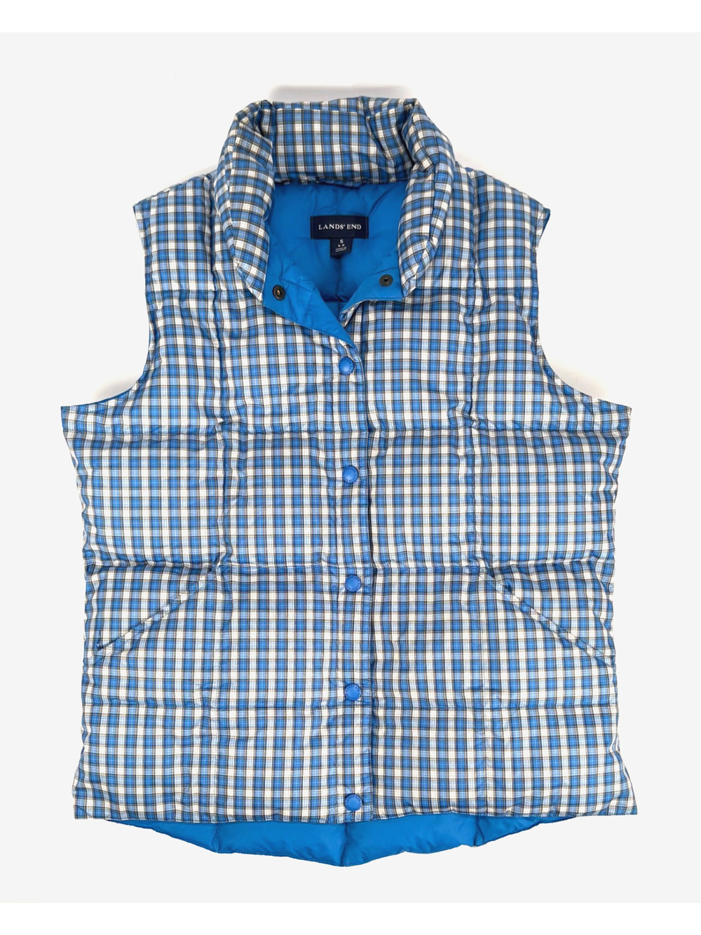 EUC Lands End Down Puffer Vest Womens SMALL Blue Plaid Feather insulated Jacket